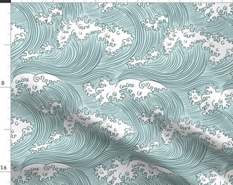 Blue Waves Ocean Nautical Fabric - Japanese Waves By Sveta Aho - Wave Illustration Blue Ocean Cotton Fabric By The Yard With Spoonflower