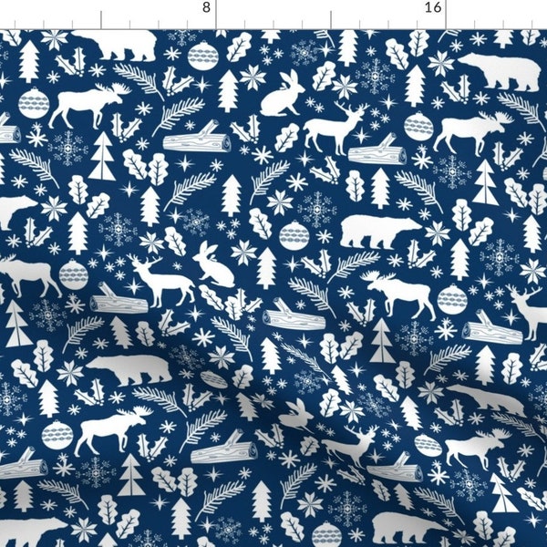 Woodland Christmas Navy Holiday Winter Fabric By Charlotte Winter- Bear Reindeer Navy Holiday Cotton fabric by the yard with Spoonflower