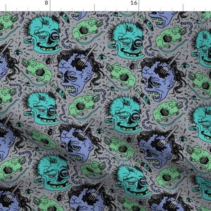 Zombie Fabric - Zombie Grossness By Abbieuproot - Zombie Gray Teal Worm Fork Bone Halloween Bugs Cotton Fabric By The Yard With Spoonflower