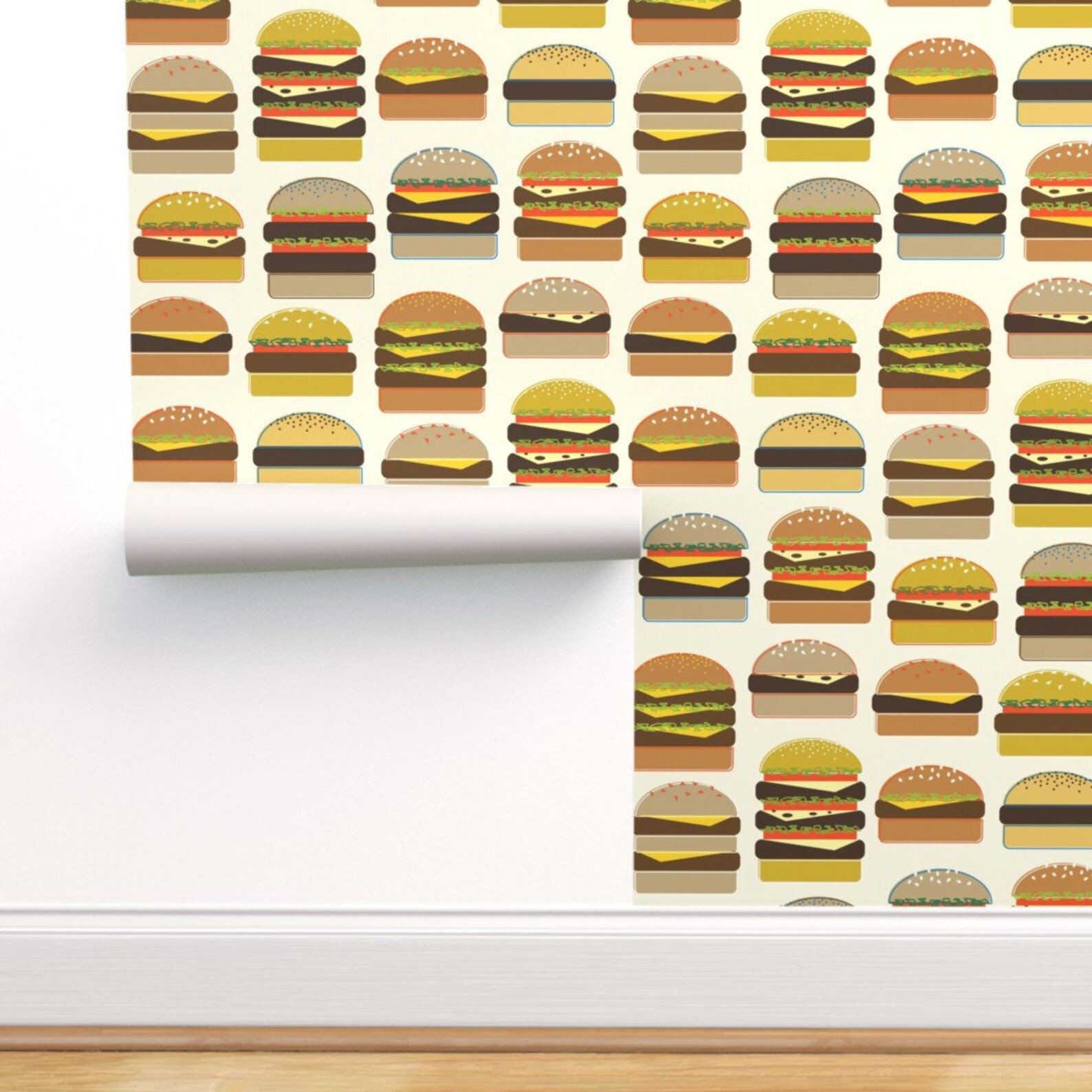 Hamburger Wallpaper Hamburgers on Cream by Katerhees Retro | Etsy