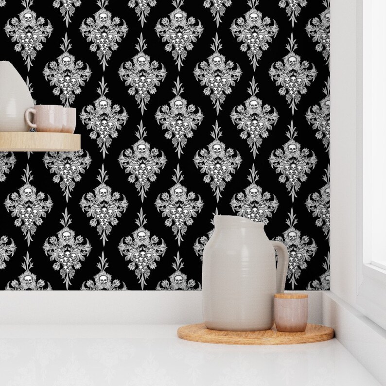 Skull Damask Wallpaper Skull Flower Damask Negative by - Etsy