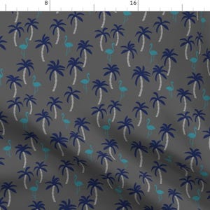 Flamingo Fabric - Palm Tree // Flamingo Tropical Gray, Navy, Teal By Andrea Lauren - Flamingo Cotton Fabric By The Yard With Spoonflower