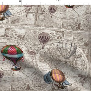 Hot Air Balloons Fabric - Steampunk Map By Aftermyart - Hot Air Balloons Vintage Steampunk Beige Cotton Fabric By The Yard With Spoonflower