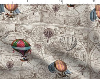 Hot Air Balloons Fabric - Steampunk Map By Aftermyart - Hot Air Balloons Vintage Steampunk Beige Cotton Fabric By The Yard With Spoonflower