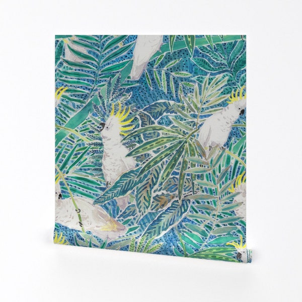 Cockatoo Wallpaper - Cockatoos Tropical Palm Trees By Rebecca Reck Art- Custom Printed Removable Self Adhesive Wallpaper Roll by Spoonflower