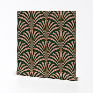 Art Deco Removable Peel and Stick Wallpaper - Geometric Salmon Pink - Wall Art Wall Decor - Art Deco Pink And Green Fans by sophieworrall