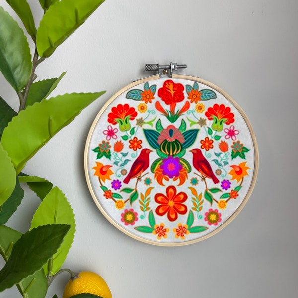 Folk Embroidery Template on Cotton - Birds & Flowers By Epitomegirl -Floral Red Embroidery Pattern for 6" Hoop Custom Printed by Spoonflower