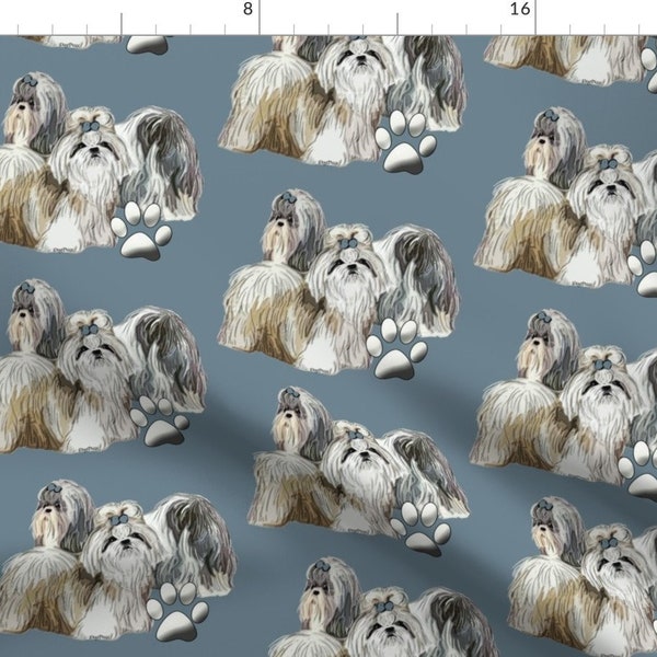 Shihtzu Fabric - Shihtzu Dogs By Dogdaze - Shihtzu Paw Prints Dog Breed Blue White Home Decor Cotton Fabric By The Yard With Spoonflower