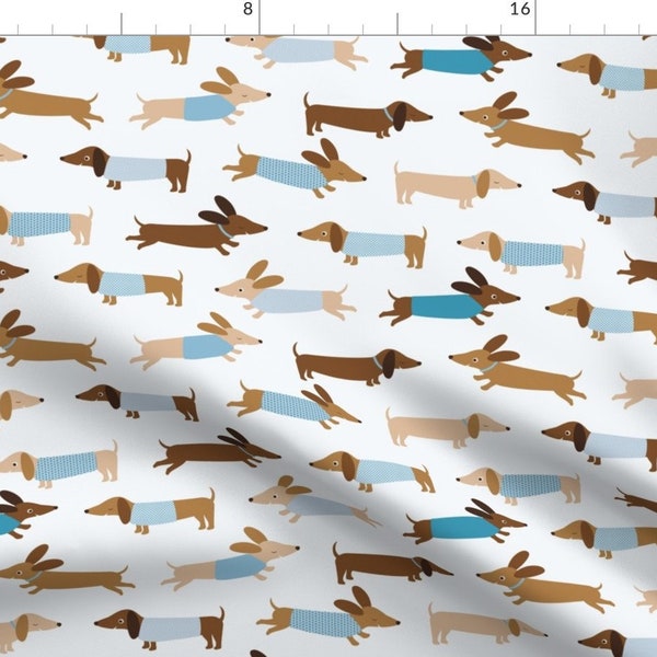 Dachshund Fabric - Dachshund With Blue By Heleenvanbuul - Dog Pet Lovers Blue Dachshunds Cotton Fabric By The Yard With Spoonflower