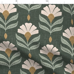 May include: A repeating floral pattern featuring large white flowers with gold centres and light green leaves on a dark green background. The design has a vintage, botanical aesthetic, suitable for fabric or wallpaper.