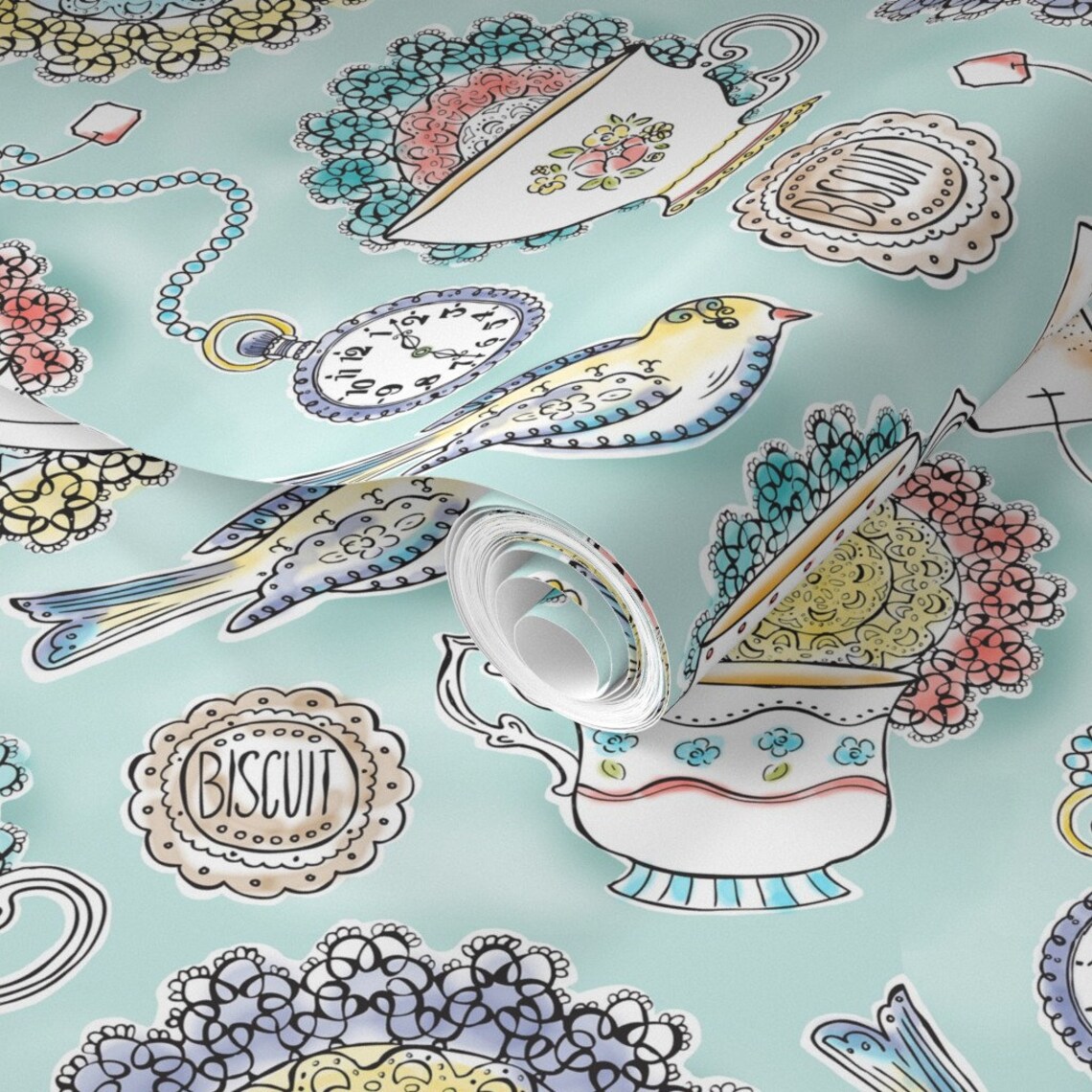 Tea Wallpaper Afternoon Tea Bird Watercolor Large by - Etsy