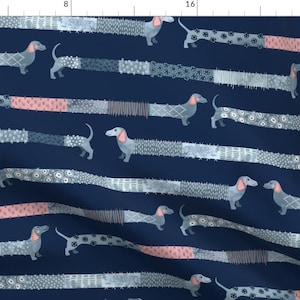 Sashiko Blue Dachshund Sweater Fabric - Sashiko Style Dachshund By Marketa Stengl - Sashiko Cotton Fabric By The Yard With Spoonflower