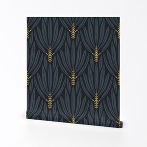 Leaves Wallpaper - Palm Damask by amy_maccready - Tropical Damask Palm Dark Blue Gold  Removable Peel and Stick Wallpaper by Spoonflower