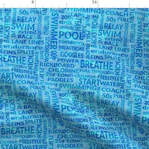 Swimming Fabric - Swimming Word Cloud By Julia Diane - Swimming Phrases Water Blue Aqua Cotton Fabric By The Yard With Spoonflower