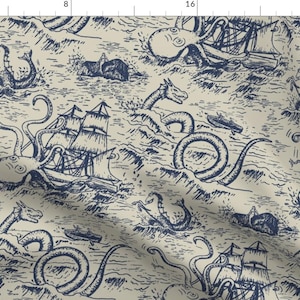 Nautical Fabric - Blue Mythical Sea Creatures Scene by somecallmebeth - Toile Quirky Map Sea Creatures Fabric by the Yard by Spoonflower