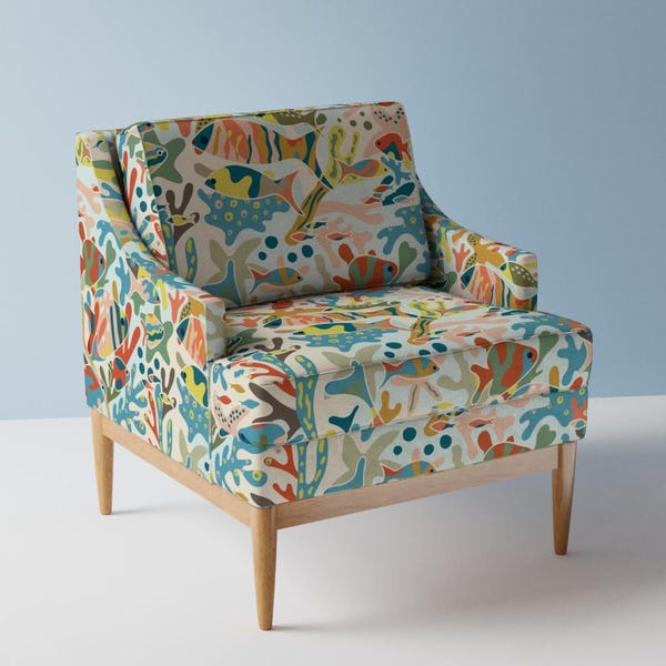 Bright Coastal Upholstery Fabric- Retro Coral Reef by roochita - Underwater Starfish Nautical Fish  Fabric By The Yard With Spoonflower