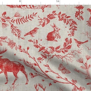 Woodland Toile Fabric - Winter Toile by nouveau_bohemian - Winter Holidays Woodland Animal Red And Tan Fabric by the Yard by Spoonflower image 1