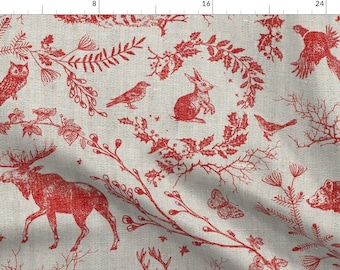 Woodland Toile Fabric - Winter Toile by nouveau_bohemian - Winter Holidays Woodland Animal Red And Tan  Fabric by the Yard by Spoonflower