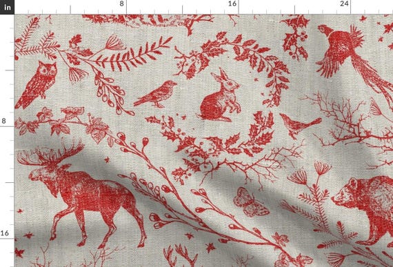 Woodland Toile Fabric - Winter Toile by nouveau_bohemian - Winter Holidays Woodland Animal Red And Tan  Fabric by the Yard by Spoonflower