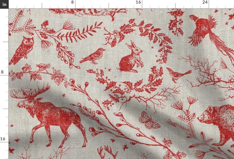Woodland Toile Fabric - Winter Toile by nouveau_bohemian - Winter Holidays Woodland Animal Red And Tan Fabric by the Yard by Spoonflower image 1