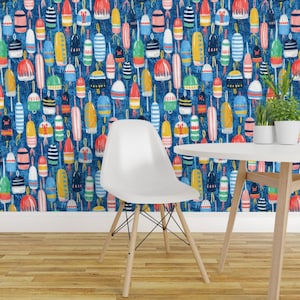 Nautical Buoy Wallpaper - Lobster Buoys Maximalism 14" By Helenpdesigns - Bright Colorful Sailing Maritime Ocean Wallpaper with Spoonflower