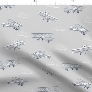 Blue Planes on Gray Fabric - Biplane Barnstormers Airplane By Taranealart - Neutral Planes Boys Cotton Fabric By The Yard With Spoonflower