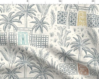 Palm Springs Homes Fabric - Palm Springs Toile De Jouy By De Koro - Neutral Palm Trees Summer Cotton Fabric By The Yard With Spoonflower