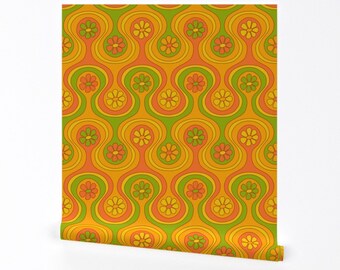 Yello Green Vibes Wallpaper - Groovy 60s Flower by jenwebbcreates - 1960s Power Mid Mod Removable Peel and Stick Wallpaper by Spoonflower