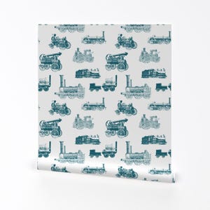Train Wallpaper - Antique Engines Aquamarine Large By Thinlinetextiles -Custom Printed Removable Self Adhesive Wallpaper Roll by Spoonflower