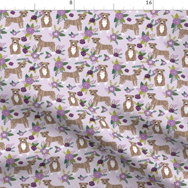 Pitbull Fabric - Pitbull Brindle Purple Dog Breed Fabric Florals By Petfriendly - Pitbull Purple Cotton Fabric By The Yard With Spoonflower