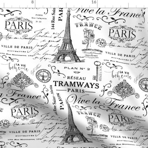 Black Fabric - Vintage Paris By Andrea Haase Design - Black White Typography Vintage Paris Cotton Fabric By The Yard With Spoonflower
