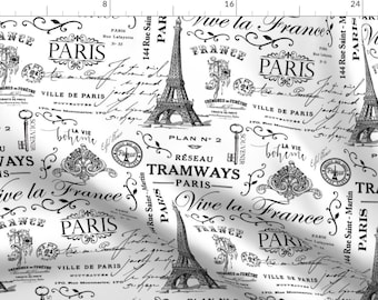 May include: Black and white repeating pattern featuring the Eiffel Tower, keys, and the words "Vive la France", "Paris", and "Tramways Paris".