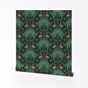 Tropical Damask Removable Peel and Stick Wallpaper - 1920s Style Art Deco - Wall Art Wall Decor - Flamingos And Palms by hannahshields