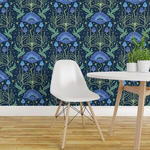 Poppy Flower Wallpaper Art Nouveau Poppies Blue by bamokreativ Victorian Damask Removable Peel and Stick Wallpaper by Spoonflower image 3