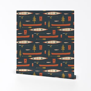 Rustic Removable Peel and Stick Wallpaper -  Lake Life Camping Woodland Nature - Wall Art Wall Decor - Lake Canoes And Oars by coitcreative