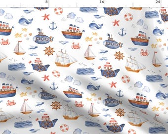 Watercolor Nursery Fabric - Ships Ahoy By Hipkiddesigns - Ships Nautical Sailing Anchor Boats Cotton Fabric By The Yard With Spoonflower