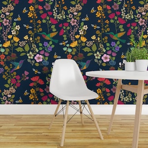 Victorian Peel and Stick Wallpaper - Botanical Garden Honeybees Chinoiserie - Removable Wall Decor Art - Hummingbirds And Bees by ceciliamok