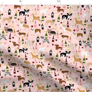 Dog & Wine Fabric - Dogs And Wine Fabric By Petfriendly - Girl&#39;s Best Friend Wine And Dog on Pink Cotton Fabric By The Yard With Spoonflower