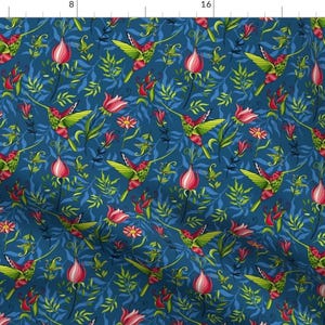 Hummingbirds Fabric - Hummingbirds By Juliabadeeva - Navy Red Greenery Hummingbirds Floral Mosaic Cotton Fabric By The Yard With Spoonflower