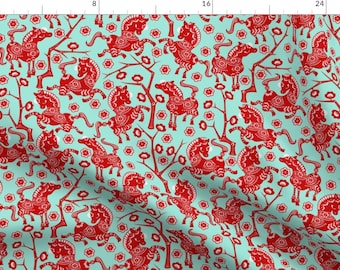 Chinoiserie Horse Fabric -Year Of The Horse -Red On Turquoise By Thirdhalfstudios- Chinese Zodiac Cotton Fabric By The Yard With Spoonflower