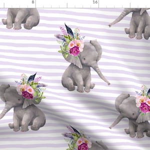 Elephant Nursery Fabric - 14&quot; Boho Lilac Elephant - Lilac Stripes By Shopcabin - Lilac Stripes Cotton Fabric By The Yard With Spoonflower
