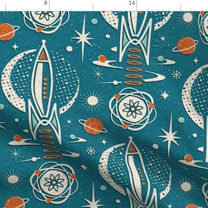 Space Fabric - Atomic Age Space Exploration by studioxtine - Retro Atomic Atom Rockets Planets Starburst  Fabric by the Yard by Spoonflower