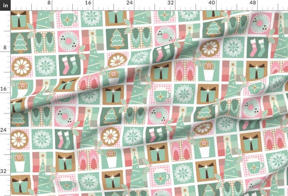 Christmas Patchwork Extra Wide Sateen Fabric Winter Holiday Pink Green Cozy Hygge Fabric By The Yard Cozy Winter Holiday by wolflingblue
