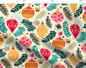 May include: A seamless pattern featuring colorful Christmas ornaments with geometric designs and green leaves on a cream background.