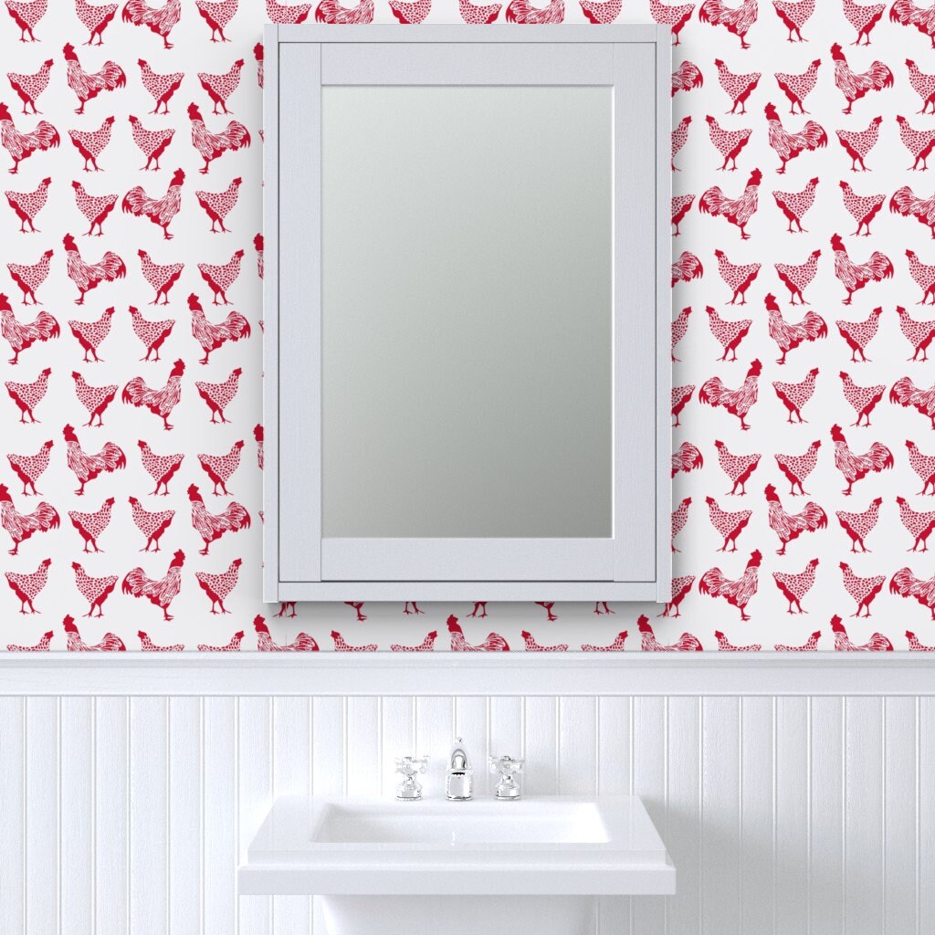 Chicken Wallpaper Chicken Red on White by Thehighfiber - Etsy