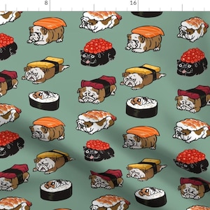 English Bulldog Sushi Kawaii Animal Fabric - Sushi English Bulldog By Huebucket - English Bulldog Cotton Fabric By The Yard With Spoonflower