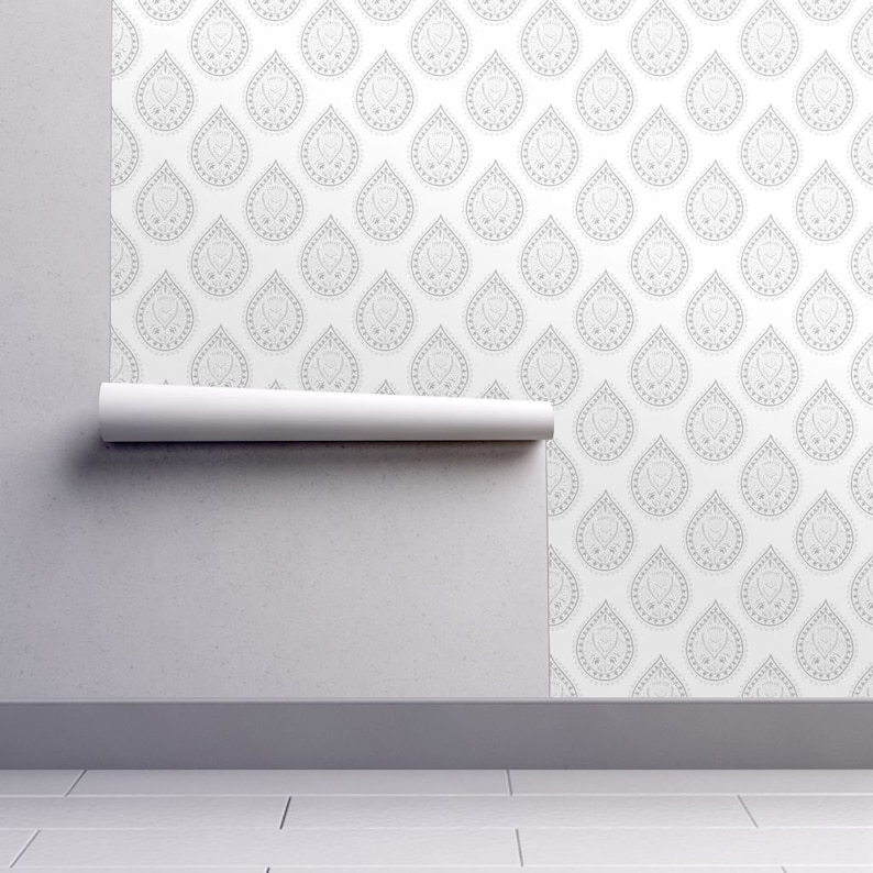 Indian Paisley Wallpaper Modern Home Custom Printed Removable Self Adhesive Wallpaper Roll by Spoonflower Mumbai In Gray By Domesticate