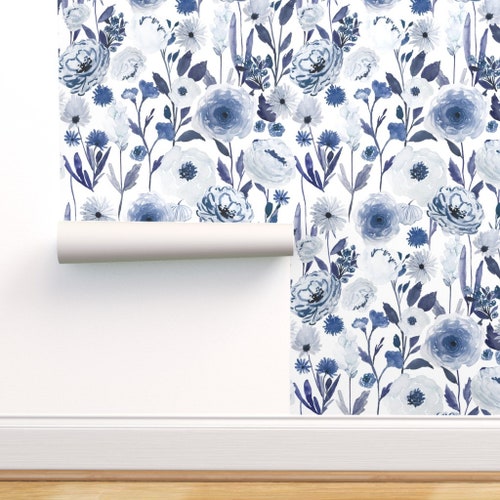Blue Floral Wallpaper Indigo Garden B by Indybloomdesign Etsy