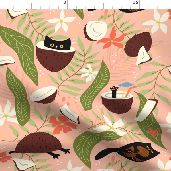 Tropical Cat Fabric - Cococat By Elena Choo - Whimsical Black Cats Funny Island Coconut Kitten Cotton Fabric By The Yard With Spoonflower