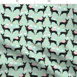 Dog Unicorn Fabric - Miniature Pinscher Pastel Unicorn Fabric Rainbows Hearts Mint By Petfriendly - Cotton Fabric by the Yard Spoonflower
